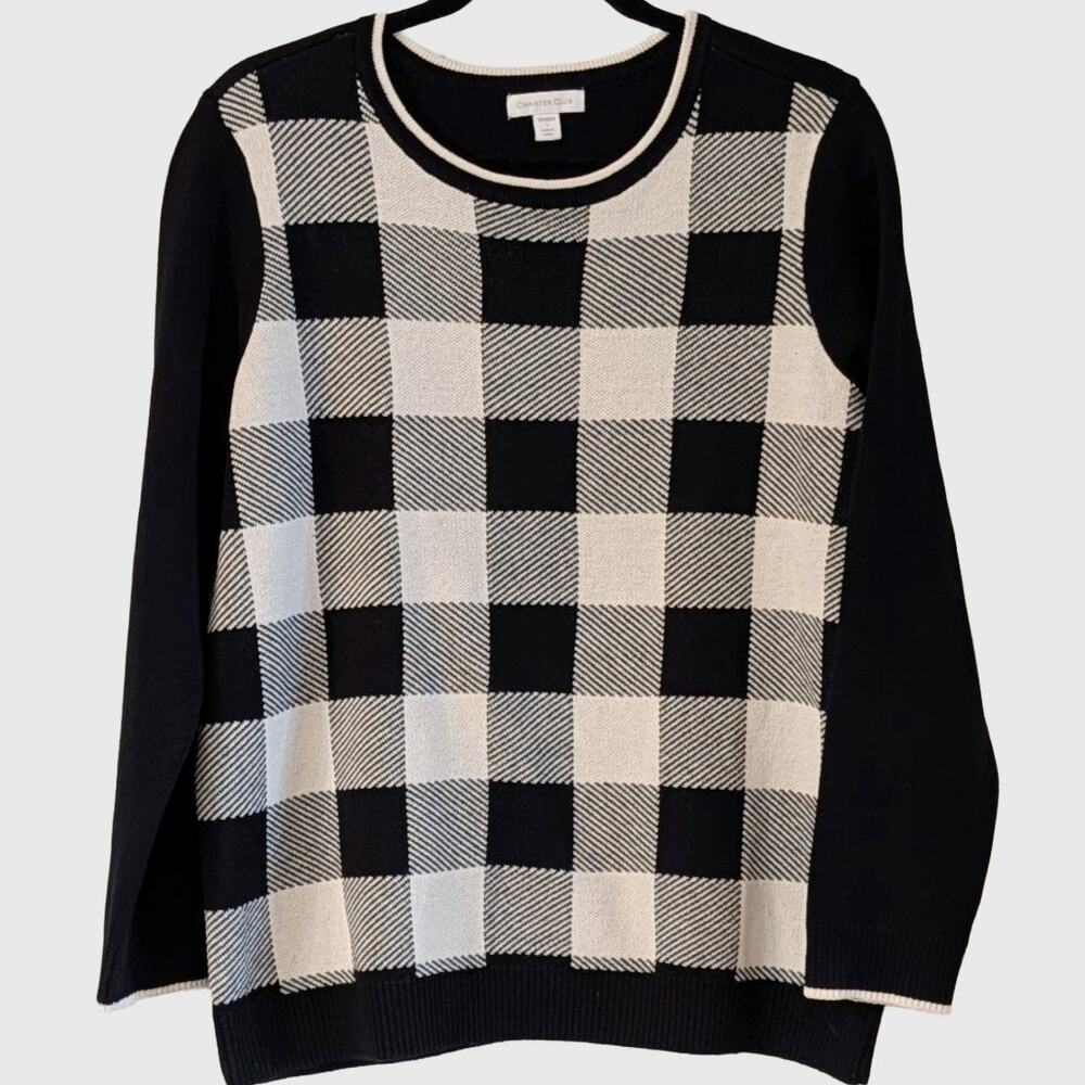 Charter Club Buffalo Plaid Sweater Large Black White Cotton Blend Crewneck
